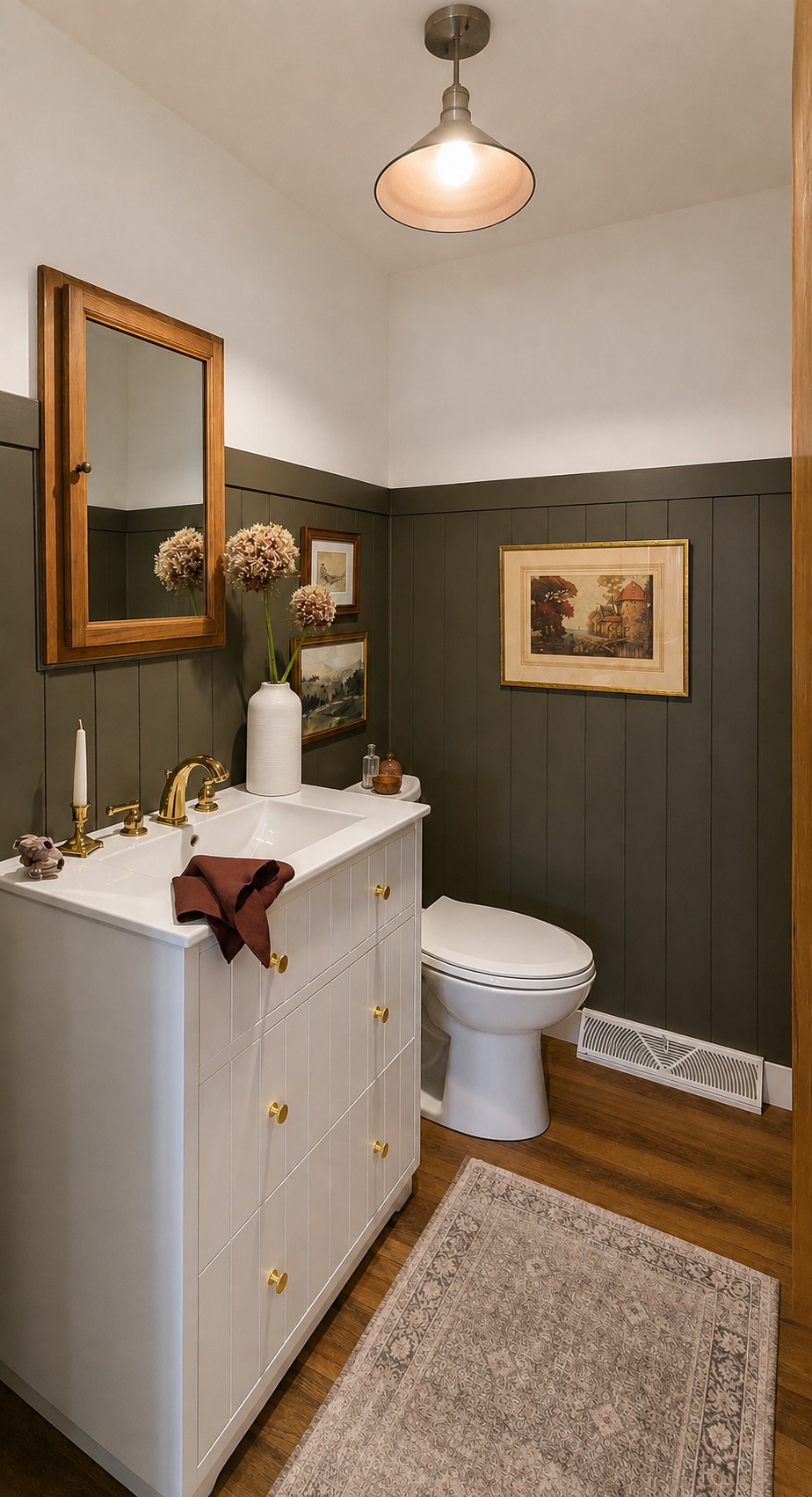 Olive green paneled powder room with brass fixtures and framed art
