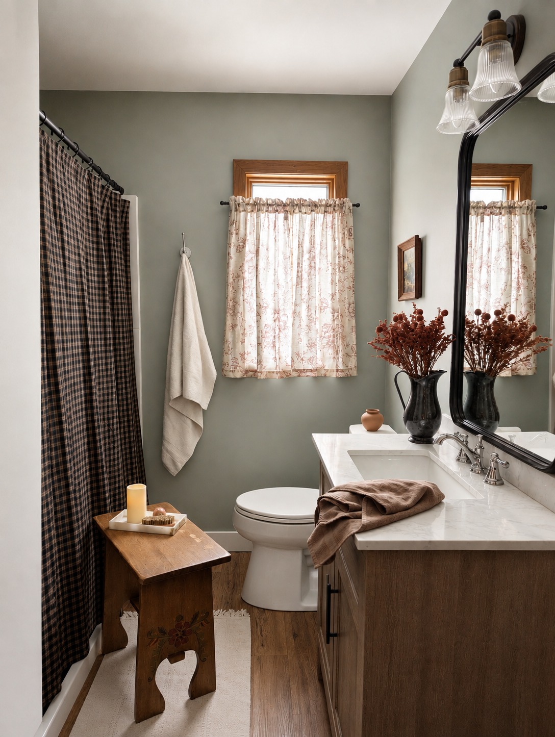 Sage green bathroom with dark wood vanity, black mirror, and plaid shower curtain